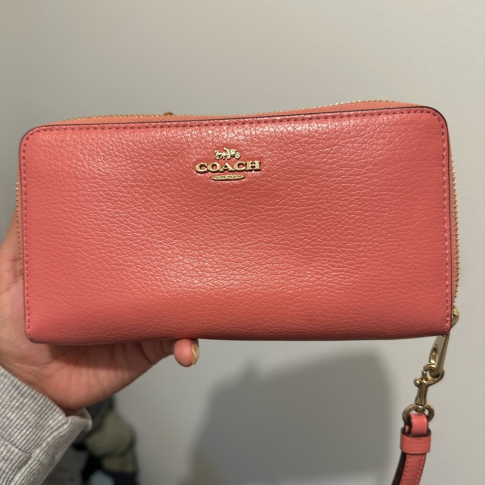 Coach Coral-Pink Leather Zip Wristlet Wallet with Gold Logo